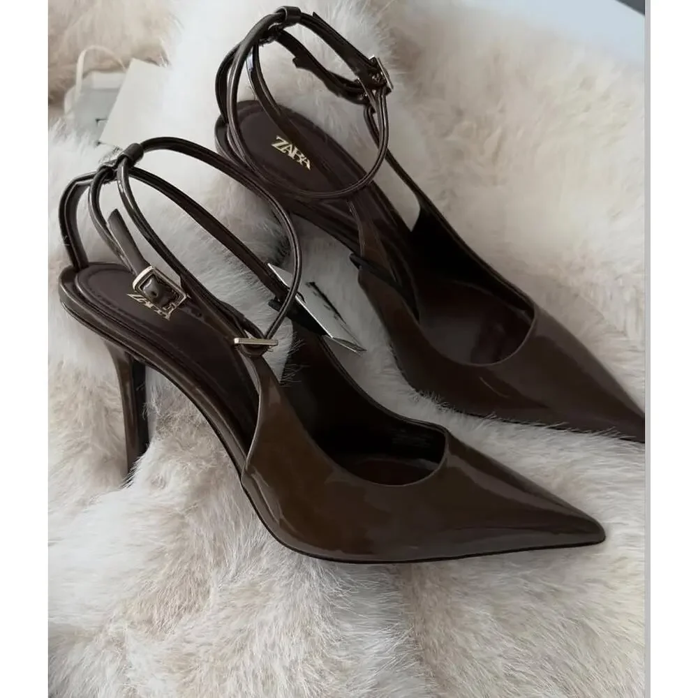 Zara Khaki Patent Slingback Stiletto Heels Pointed Toe NWT - Picture 10 of 16